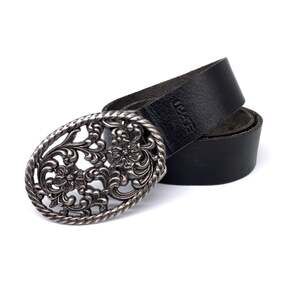 ESPRIT Genuine Leather Belt Floral Belt Buckle Black Silver 80CM